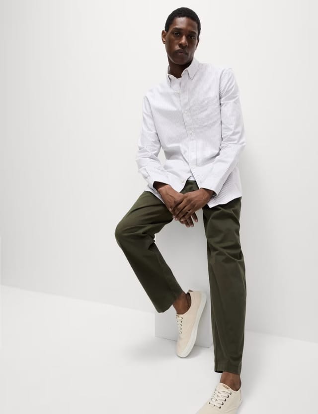 Marks & Spencer M&S Ultimate Pure Cotton Striped Oxford Shirt Olive Mix - 3