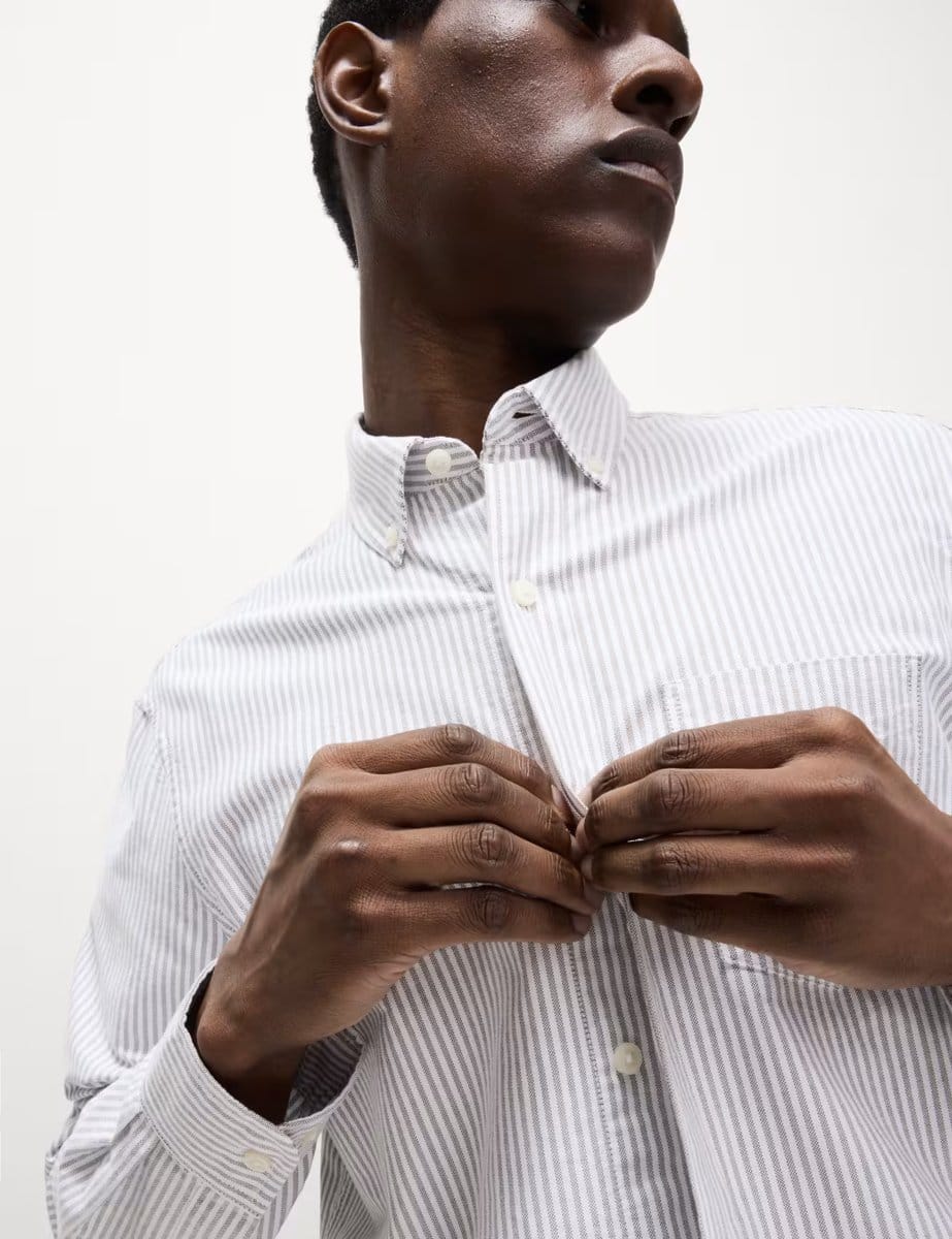 Marks & Spencer M&S Ultimate Pure Cotton Striped Oxford Shirt Olive Mix - 4