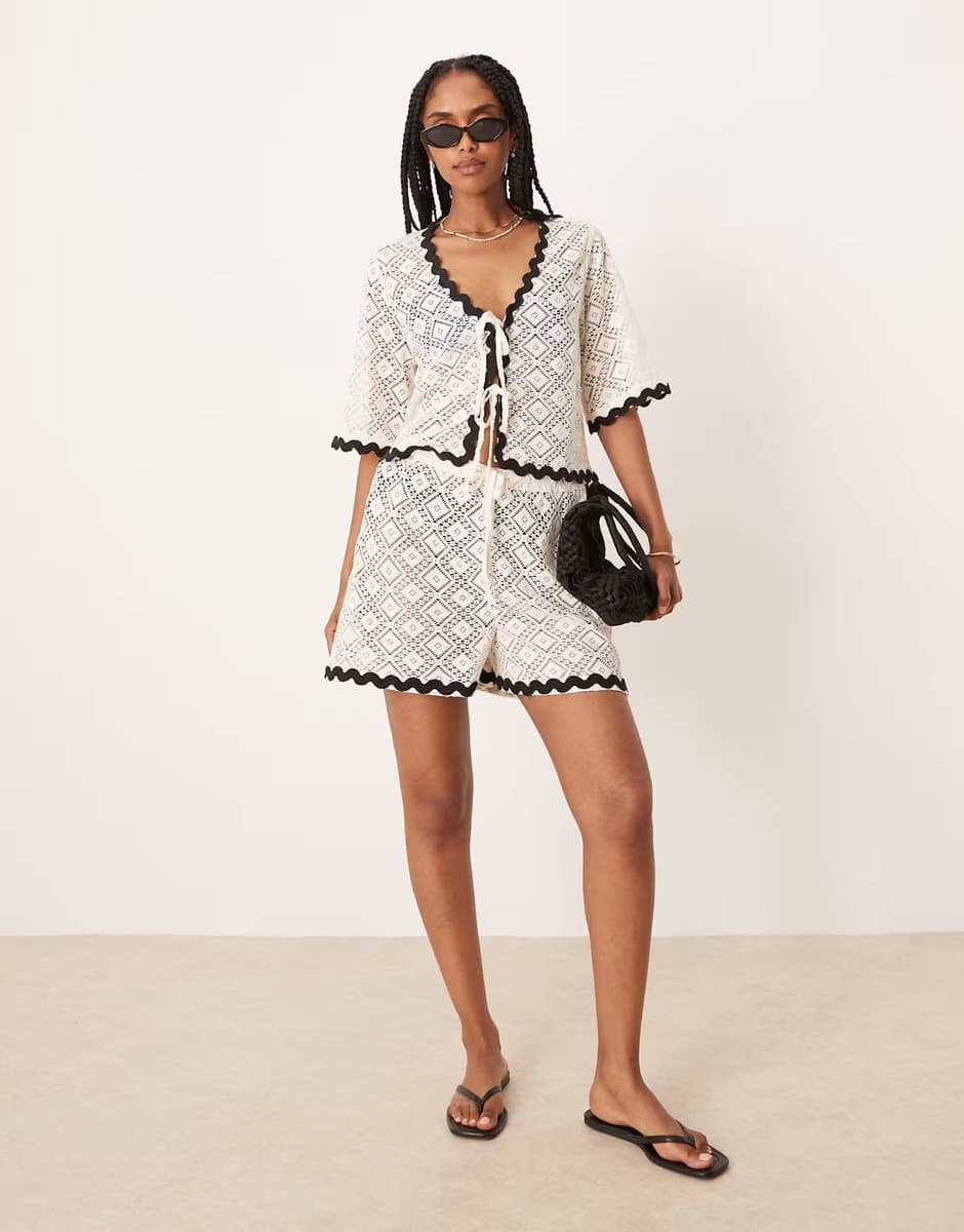 ASOS Aray crochet beach short co-ord with contrast trim in white