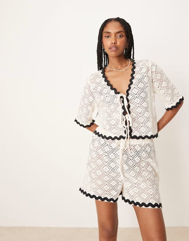 ASOS Aray crochet beach short co-ord with contrast trim in white - 3