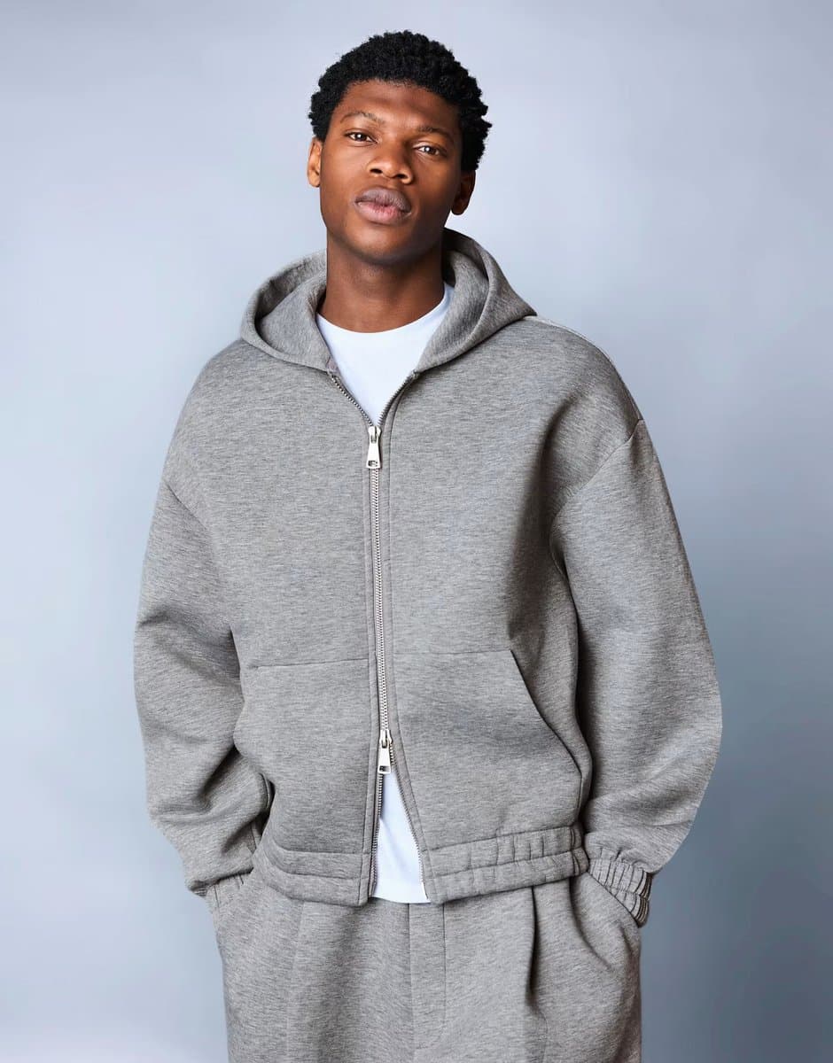 ASOS Bershka Neoprene effect zip-up hoodie in light grey