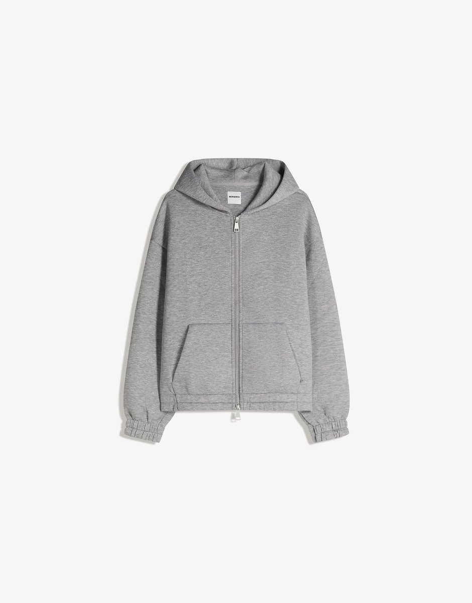 ASOS Bershka Neoprene effect zip-up hoodie in light grey - 3