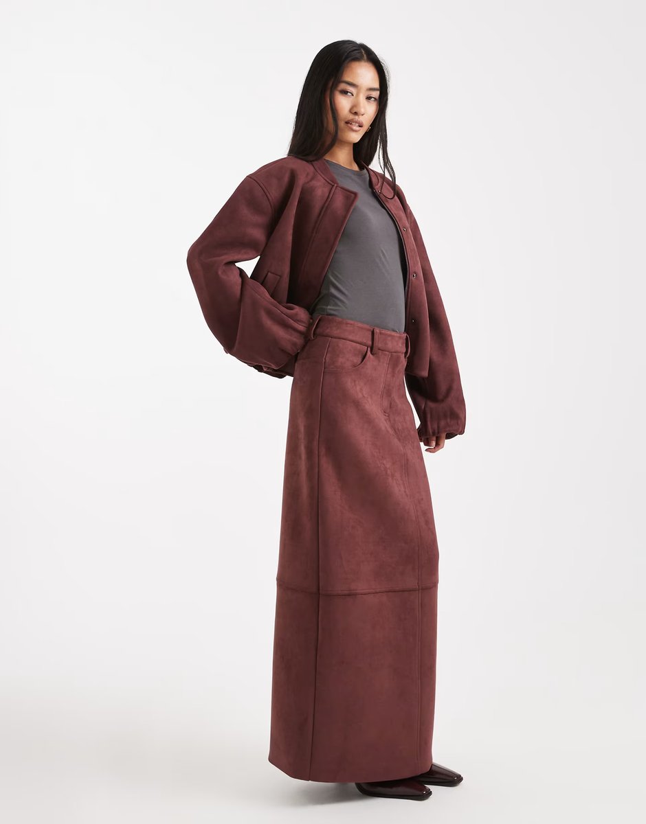 ASOS 4th & Reckless super soft faux suede maxi skirt co-ord in burgundy - 4
