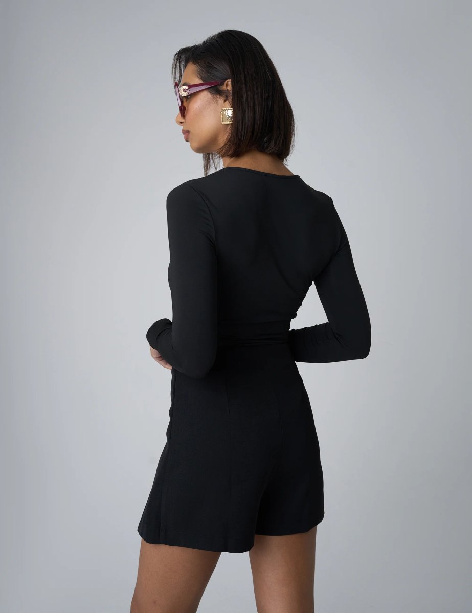 Public Desire V Neck Long Sleeve Bodysuit Black - 2