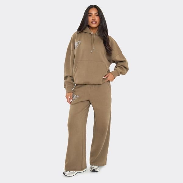 EGO Mid Rise Graphic Detail Wide Leg Joggers In Olive Green, Women's Size UK 6 - 1
