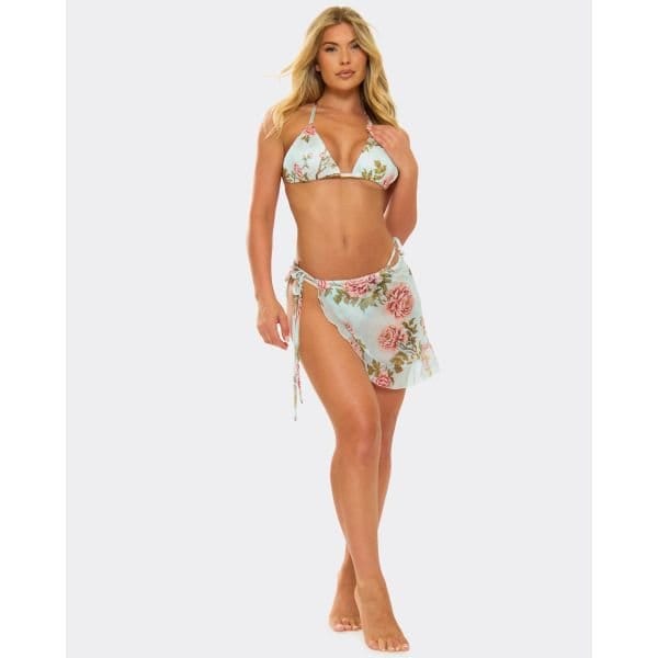 EGO Tie Side Frilled Mini Sarong In Blue Floral Print Mesh, Women's Size UK 6 - 2