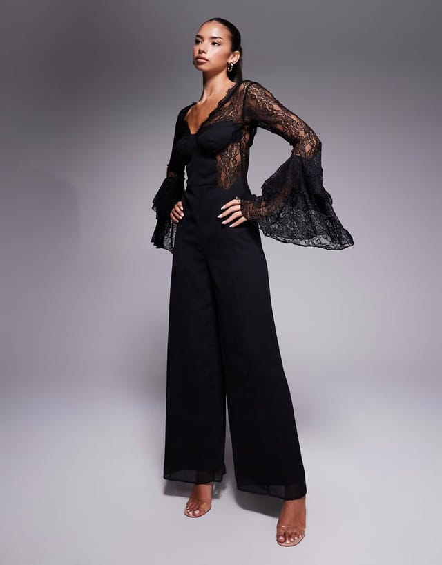 ASOS ASOS DESIGN corset detail jumpsuit with lace ruffle sleeves in black - 3