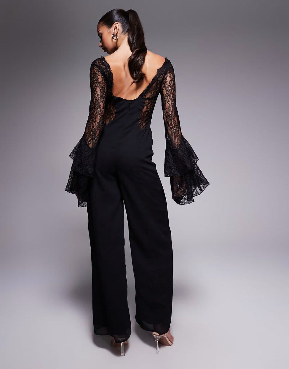 ASOS ASOS DESIGN corset detail jumpsuit with lace ruffle sleeves in black - 4