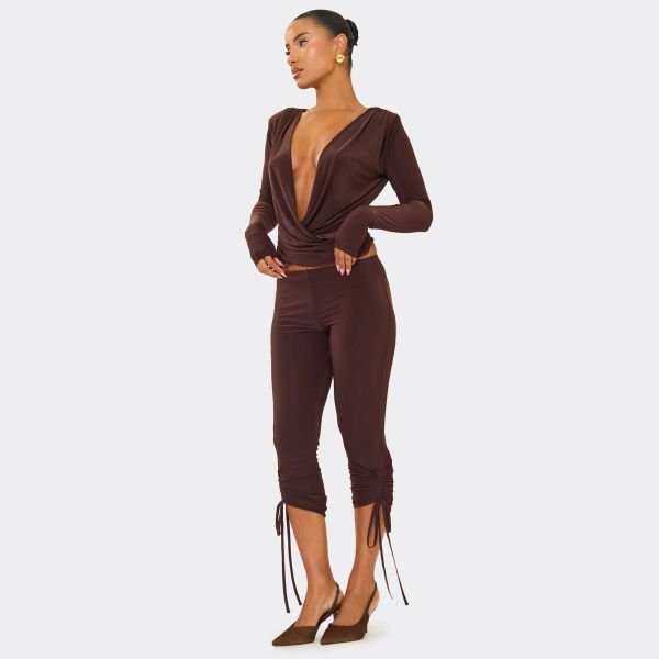 EGO Ruched Tie Detail Capri Legging In Chocolate Brown Slinky, Women's Size UK 6 - 1