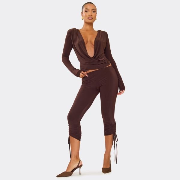 EGO Ruched Tie Detail Capri Legging In Chocolate Brown Slinky, Women's Size UK 6 - 2