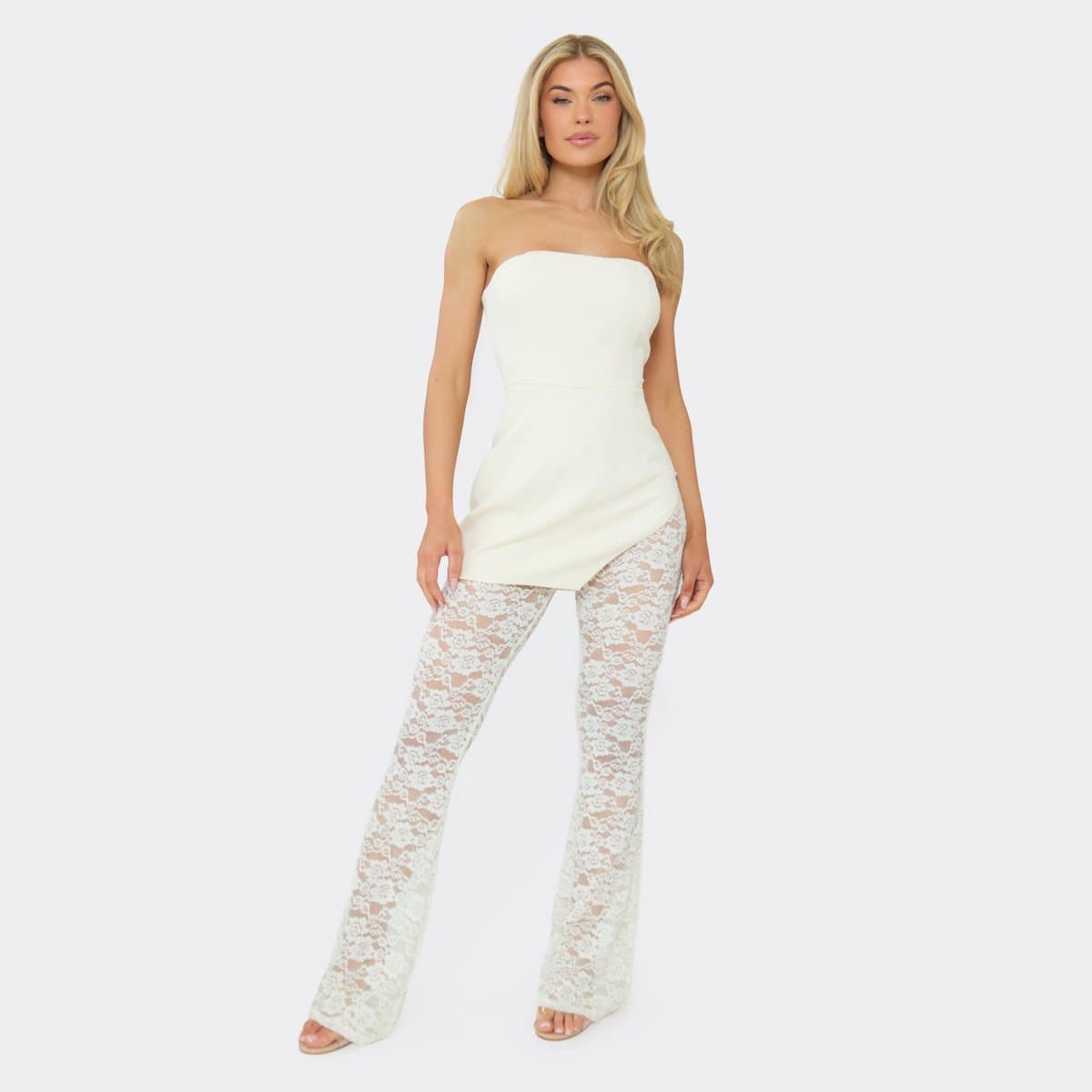 EGO Bandeau Tailored Jumpsuit In Cream Lace, Women's Size UK 6