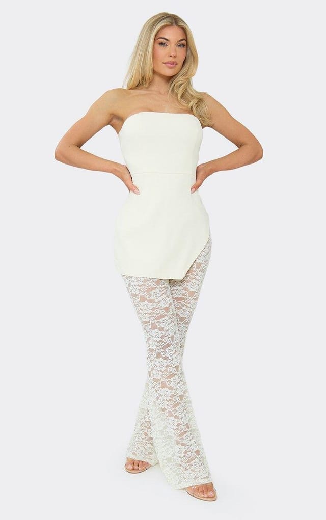 EGO Bandeau Tailored Jumpsuit In Cream Lace, Women's Size UK 6 - 2