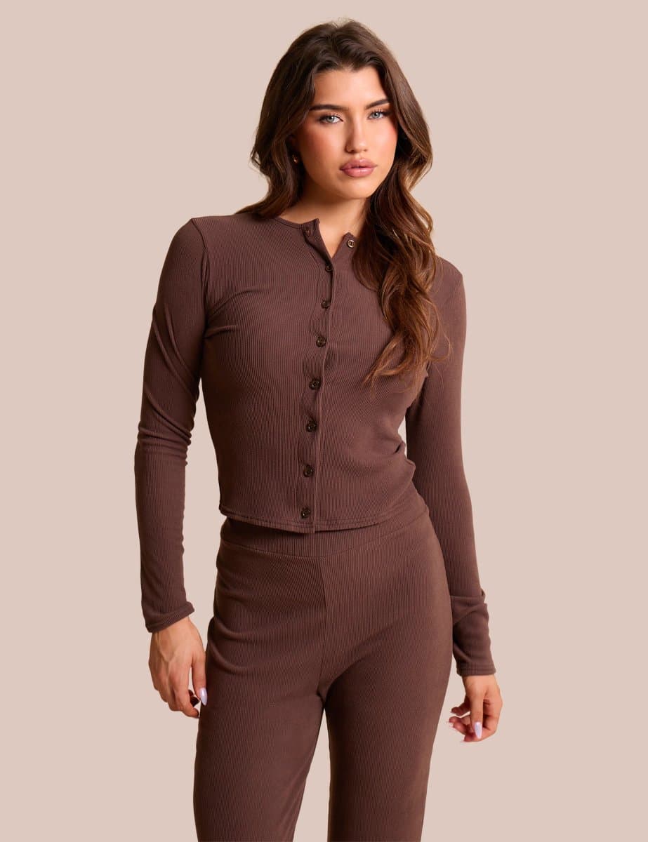 Public Desire Rib Button Through Long Sleeve Top Chocolate