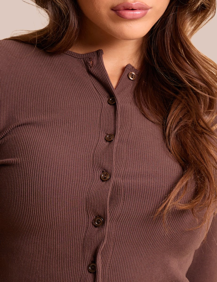 Public Desire Rib Button Through Long Sleeve Top Chocolate - 3