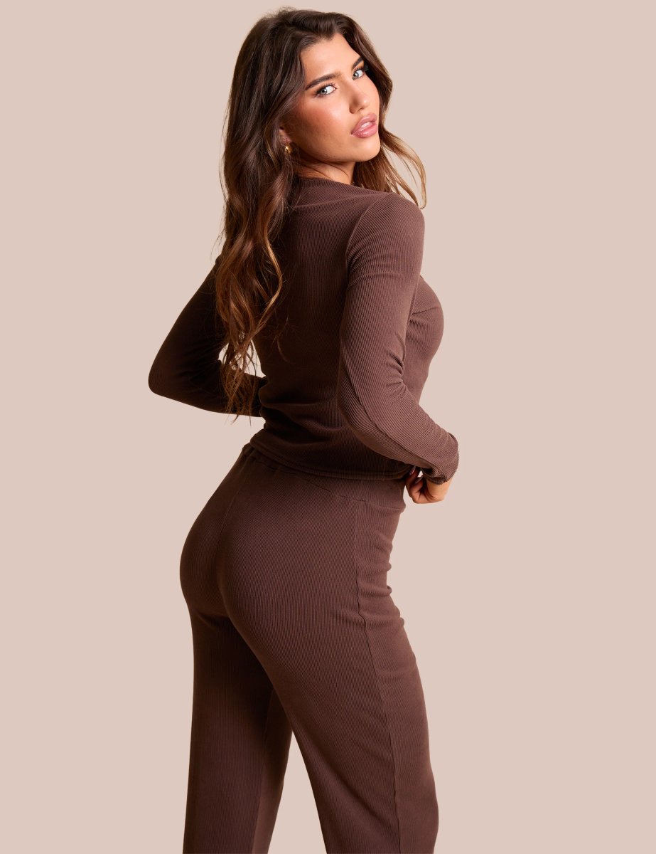 Public Desire Rib Button Through Long Sleeve Top Chocolate - 4