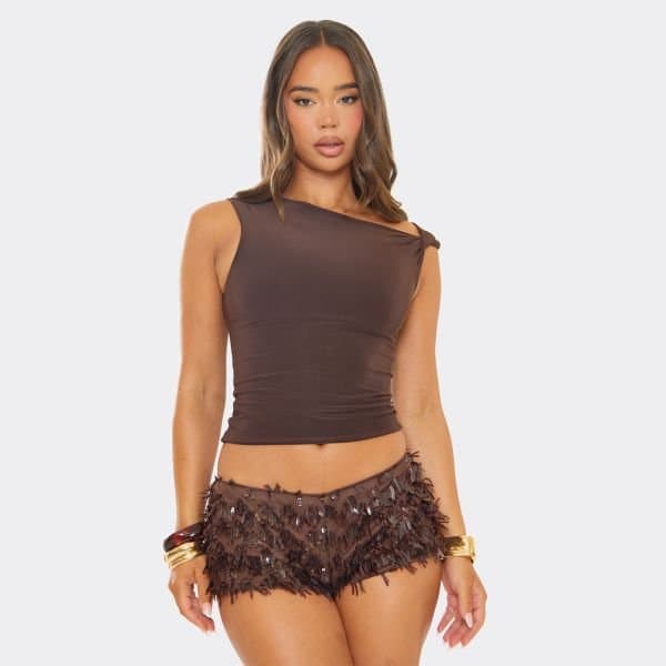 EGO Low Waist Micro Shorts In Chocolate Brown Sequin, Women's Size UK 6
