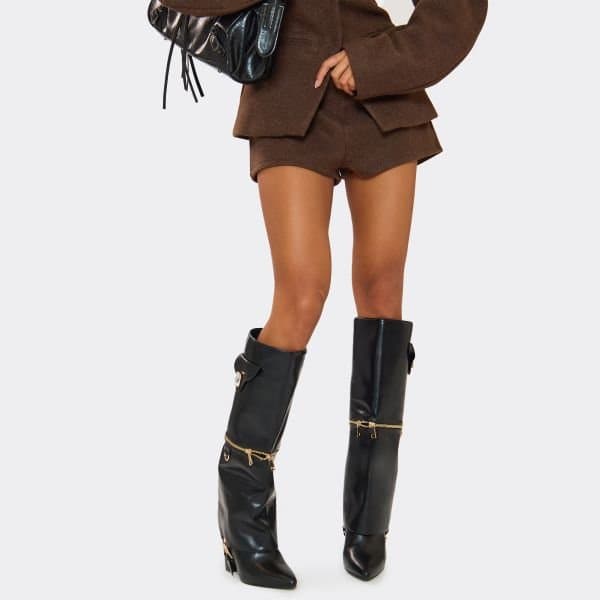 EGO Mexica Half Zip Side Pocket Detail Pointed Toe Block Heel Knee High Boot In Black Faux Leather, Women's Size UK 3