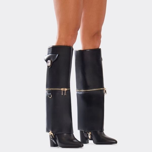 EGO Mexica Half Zip Side Pocket Detail Pointed Toe Block Heel Knee High Boot In Black Faux Leather, Women's Size UK 3 - 2