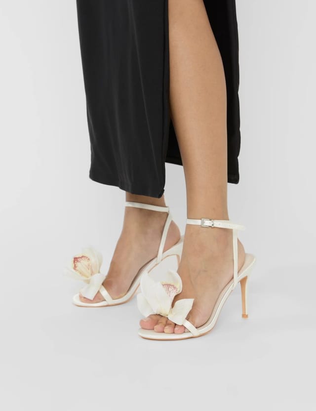 Public Desire Smitten Ivory Satin Lily Flower Barely There High Heels - 2