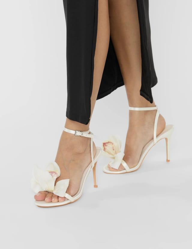 Public Desire Smitten Ivory Satin Lily Flower Barely There High Heels - 3