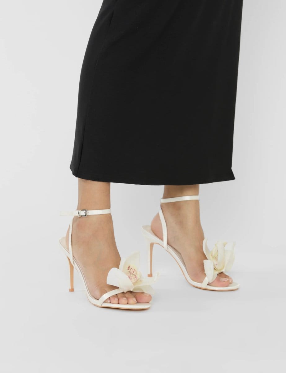 Public Desire Smitten Ivory Satin Lily Flower Barely There High Heels - 4