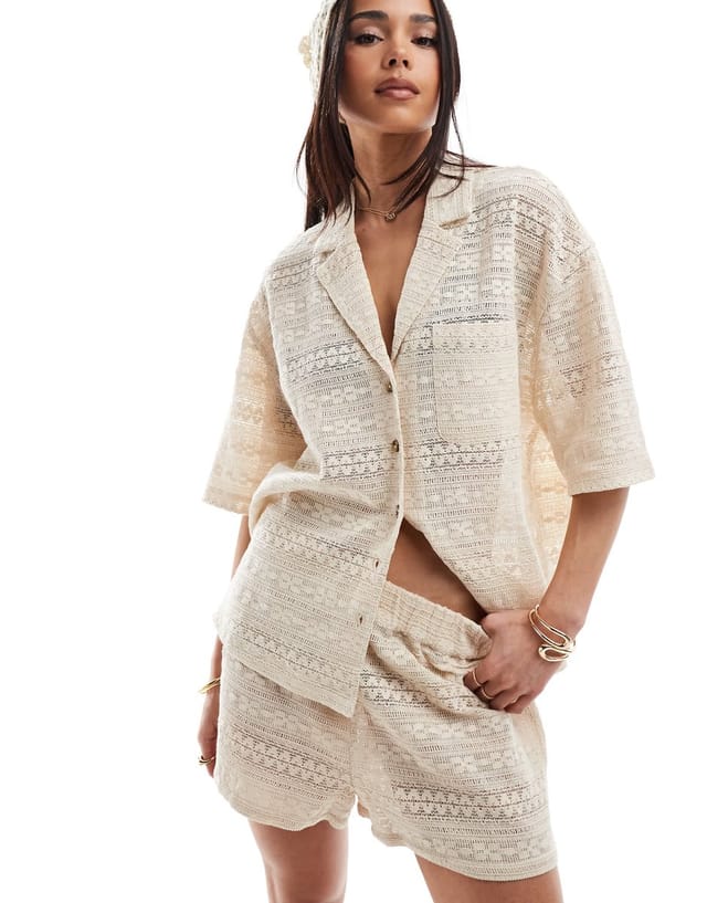 ASOS ASOS DESIGN crochet revere co-ord in cream - 3
