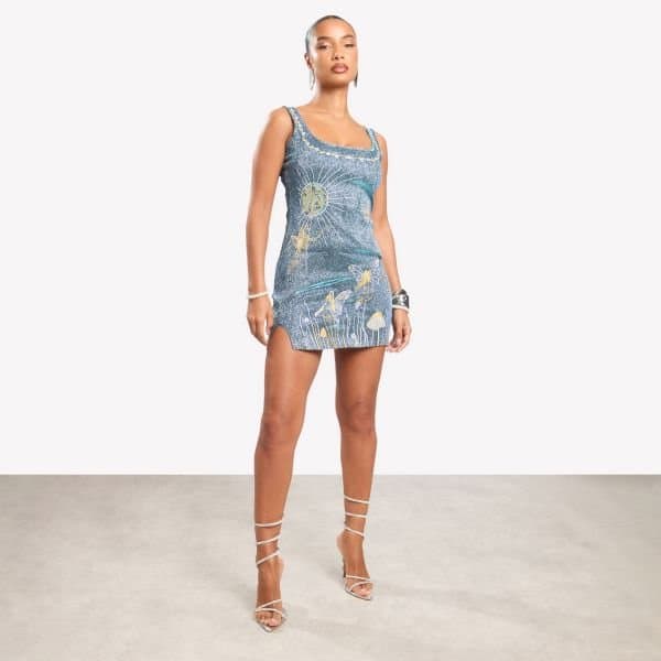 EGO Square Neck Midnight Graphic Print Mini Bodycon Dress In Blue Glitter, Women's Size UK Large L