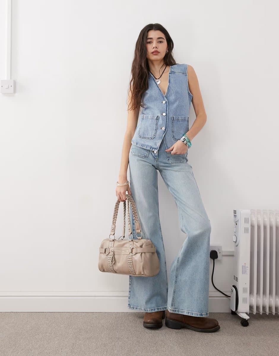 ASOS Reclaimed Vintage denim 70s palazzo co-ord in blue wash