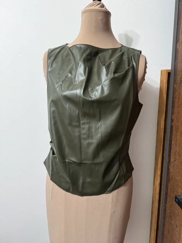 ASOS Design khaki green faux leather pu vest biker sleeveless top blouse size 10 - 2