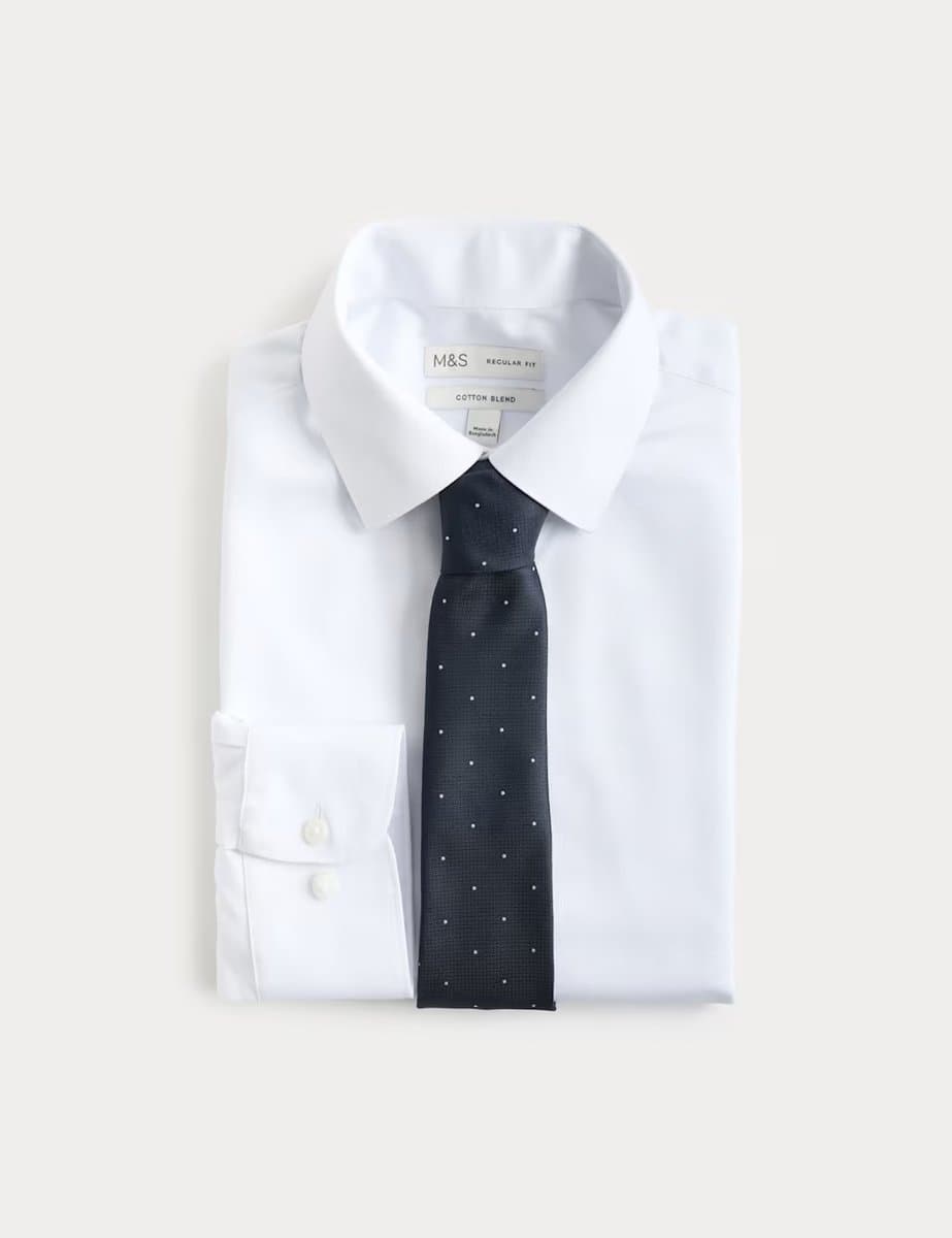 Marks & Spencer M&S Regular Fit Cotton Blend Shirt & Tie Set Blue Mix