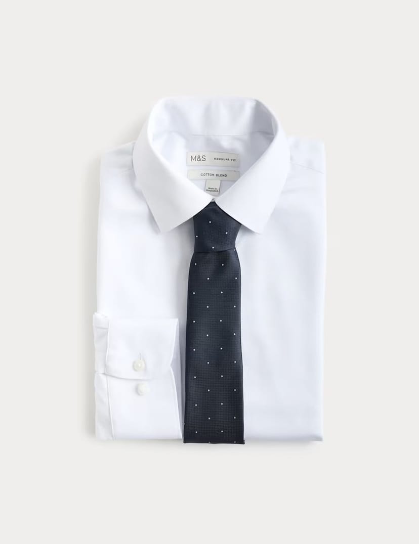 Marks & Spencer M&S Regular Fit Cotton Blend Shirt & Tie Set Blue Mix - 1