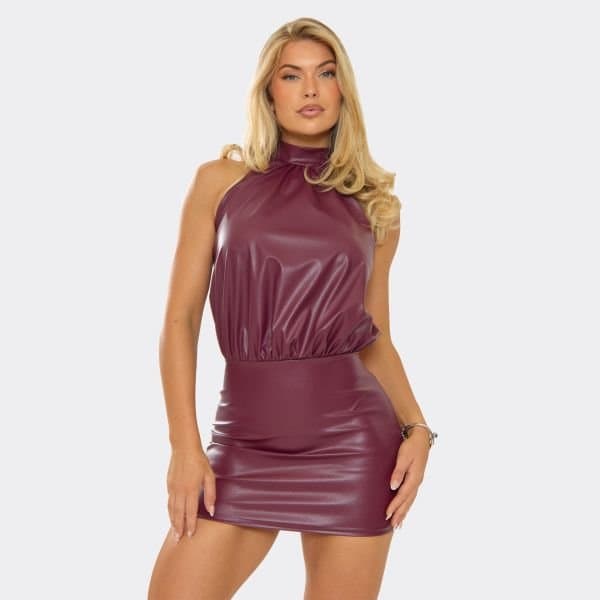 EGO High Neck Drape Mini Dress In Burgundy Faux Leather, Women's Size UK 8