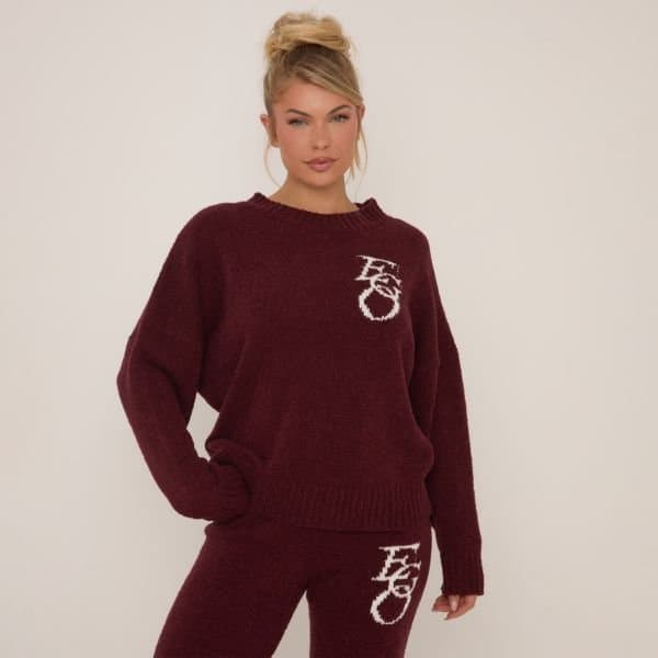 EGO Long Sleeve Crew Neck Ego Graphic Oversized Jumper In Burgundy Knit, Women's Size UK Large L