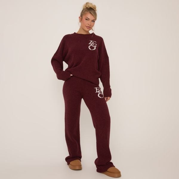 EGO Long Sleeve Crew Neck Ego Graphic Oversized Jumper In Burgundy Knit, Women's Size UK Large L - 2
