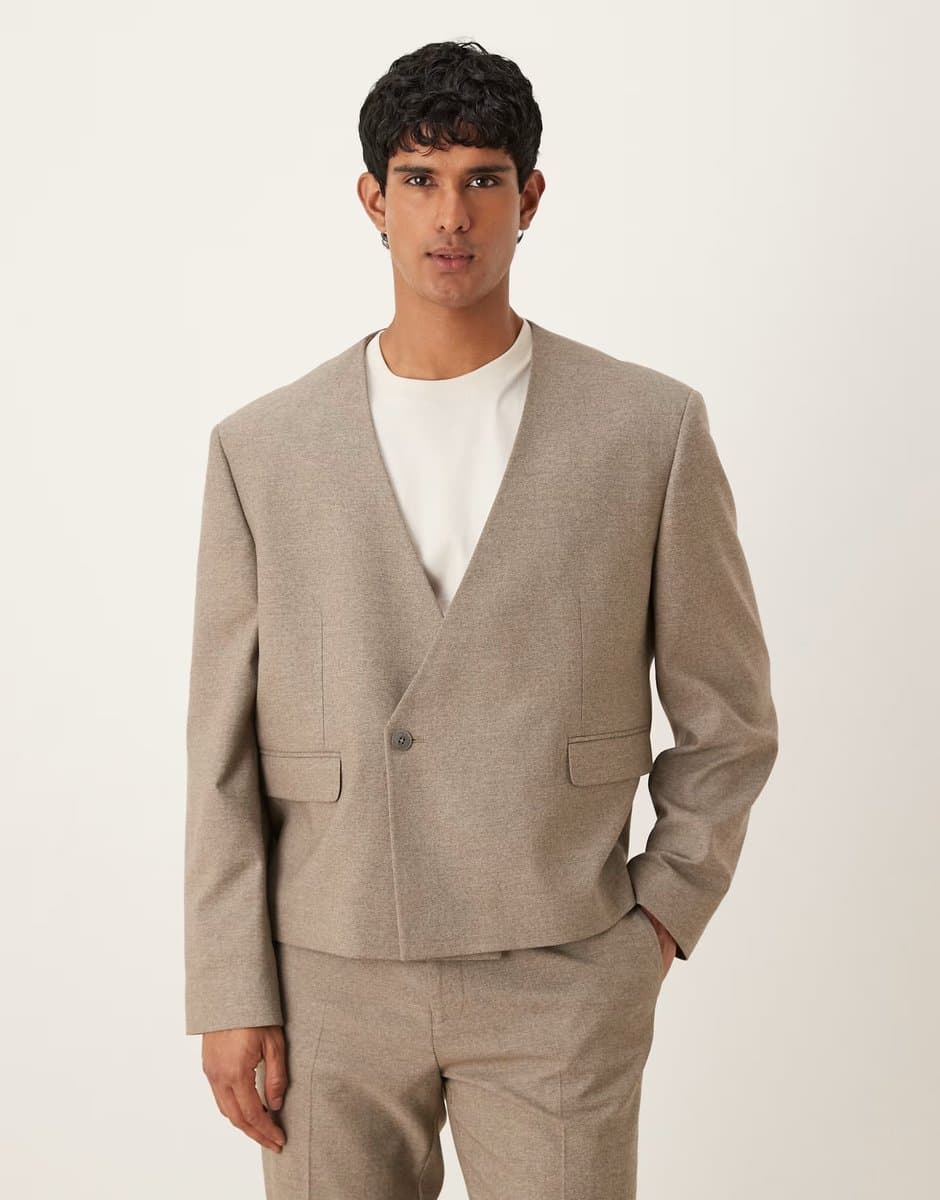 ASOS ASOS Collarless Boxy Suit Jacket in Pebble