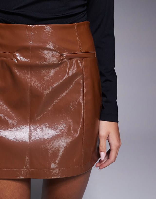 ASOS River Island vinyl pocket mini skirt in brown - 3