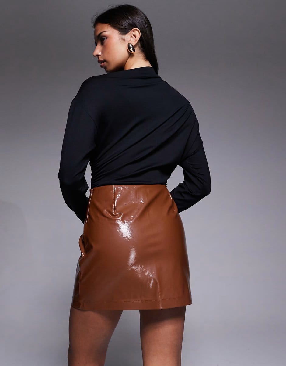 ASOS River Island vinyl pocket mini skirt in brown - 4