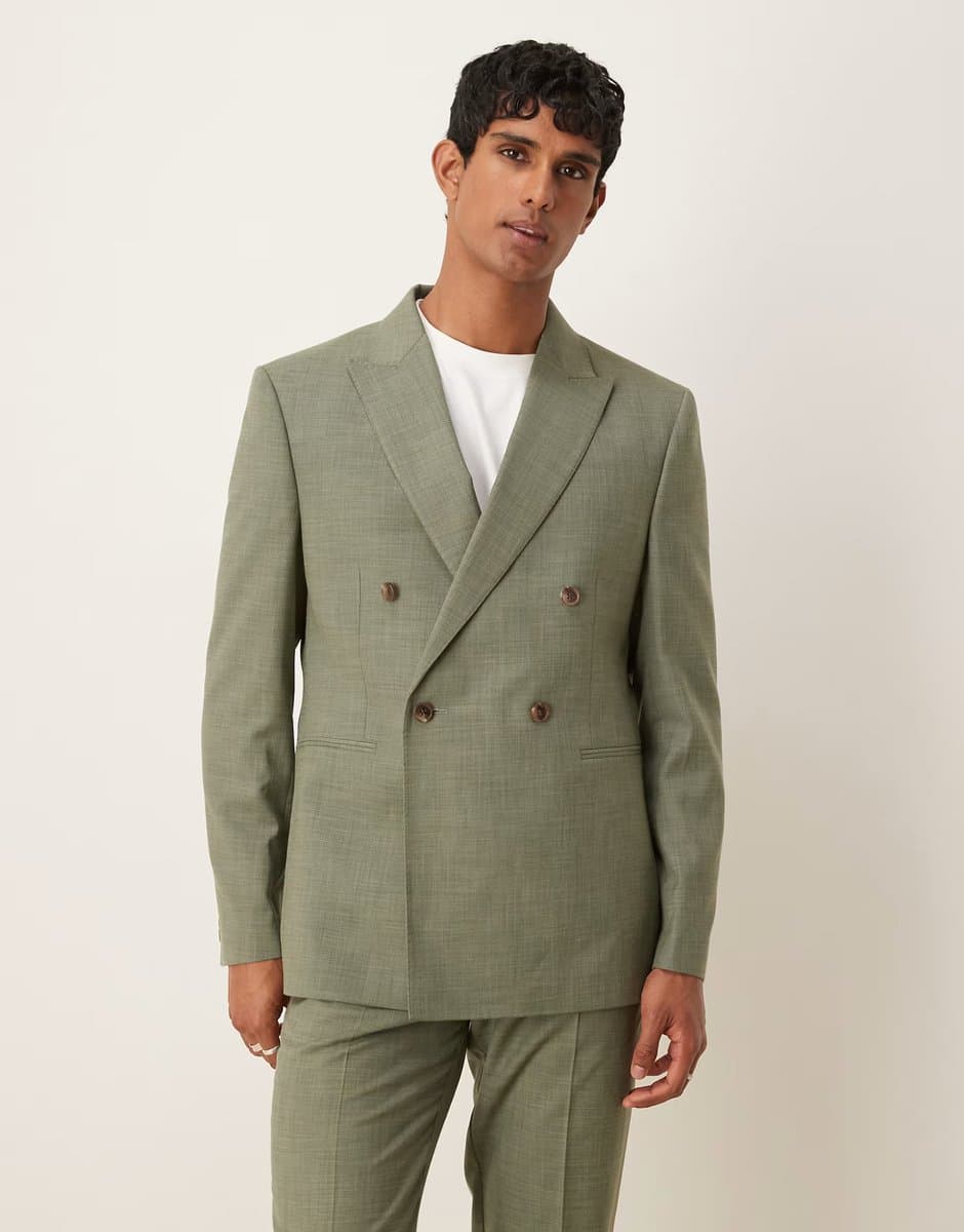 ASOS ASOS DESIGN double breasted regular suit jacket in green melange with topstitch