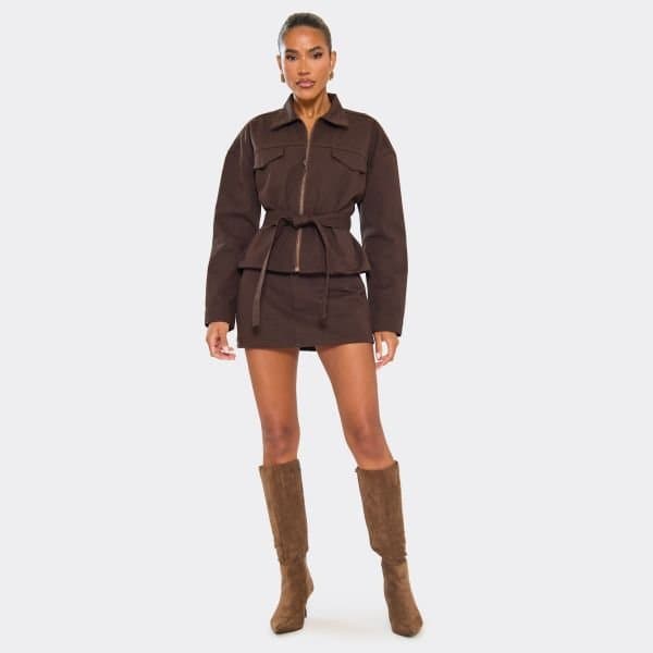 EGO Mid Rise Mini Skirt In Chocolate Brown Denim, Women's Size UK 6