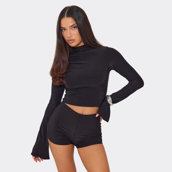 EGO BELL SLEEVE HIGH NECK TOP IN BLACK, Women's Size UK 6