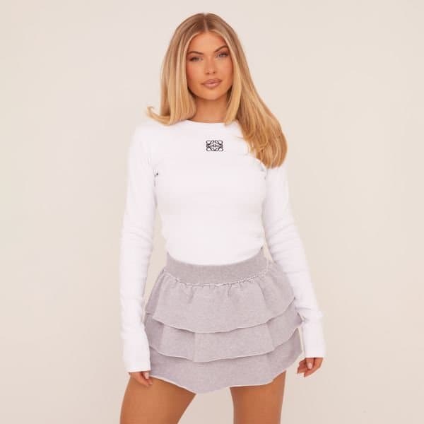 EGO EGO High Waist Tiered Ruffle Mini Skirt in Grey Marl