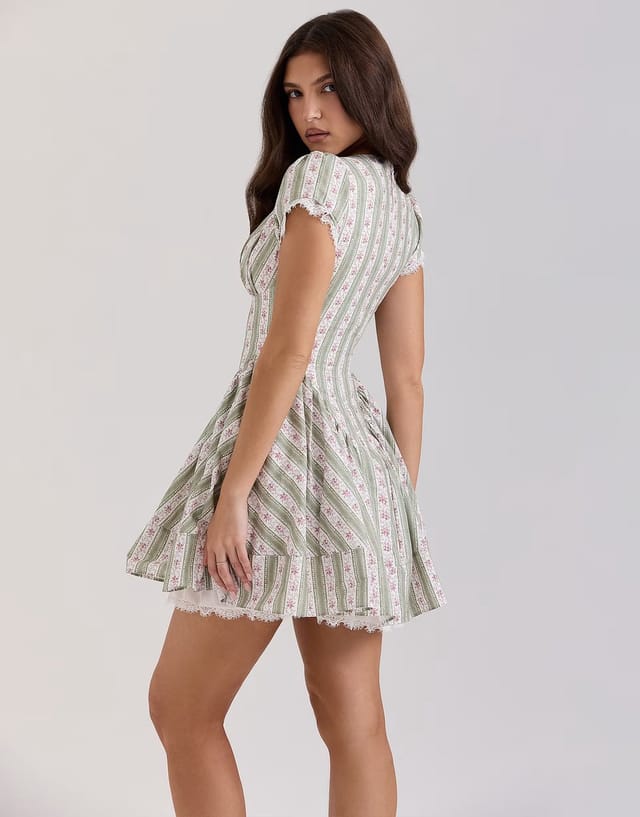 ASOS House of CB Emiliana stretch cotton mini dress in green stripe floral - 2