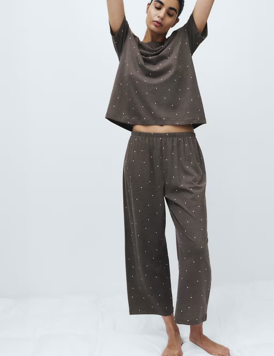 Marks & Spencer M&S Pure Cotton Printed Cropped Pyjama Set Charcoal Mix