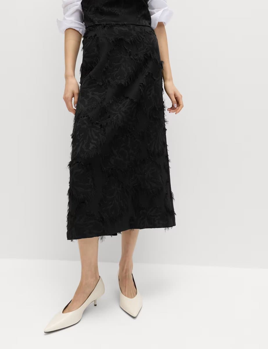 Marks & Spencer M&S Textured Floral Jacquard Midi Column Skirt Black