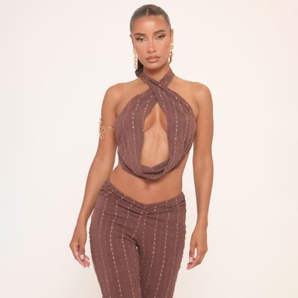 EGO Halterneck Tie Back Detail Top In Brown Texture, Women's Size UK 12