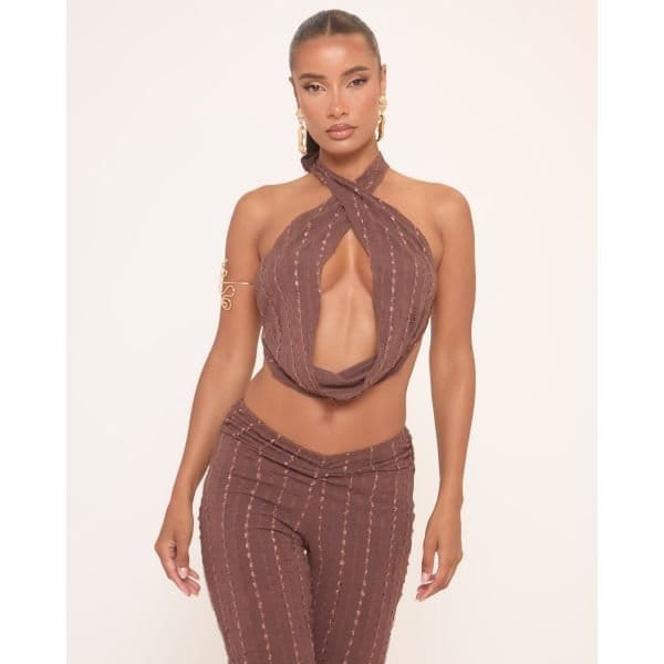 EGO Halterneck Tie Back Detail Top In Brown Texture, Women's Size UK 12 - 2