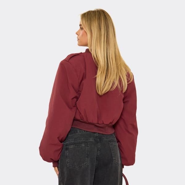 EGO Long Sleeve Oversized Padded Crop Bomber Jacket In Burgundy, Women's Size UK 6 - 2