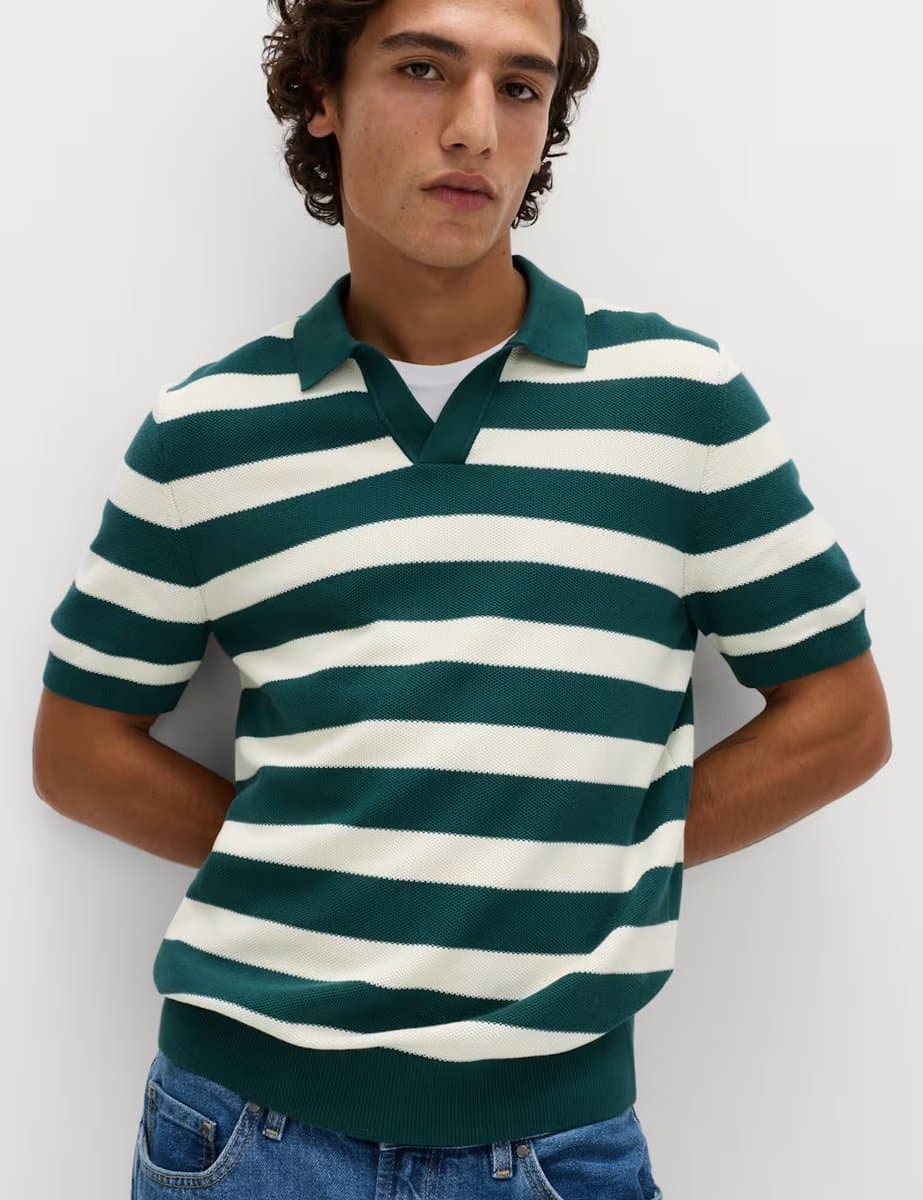 Marks & Spencer M&S Pure Cotton Striped Knitted Polo Shirt Green Mix