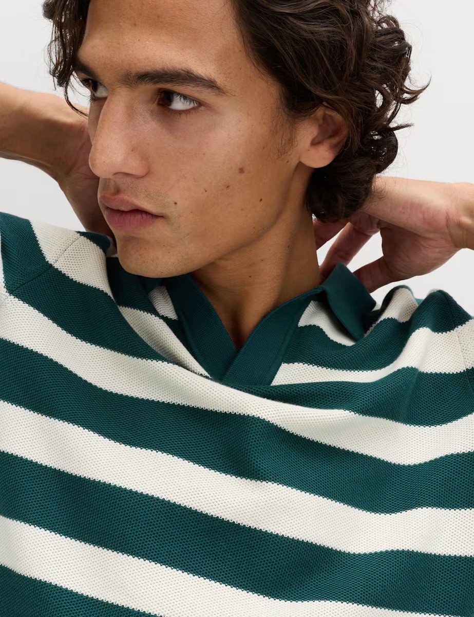 Marks & Spencer M&S Pure Cotton Striped Knitted Polo Shirt Green Mix - 2