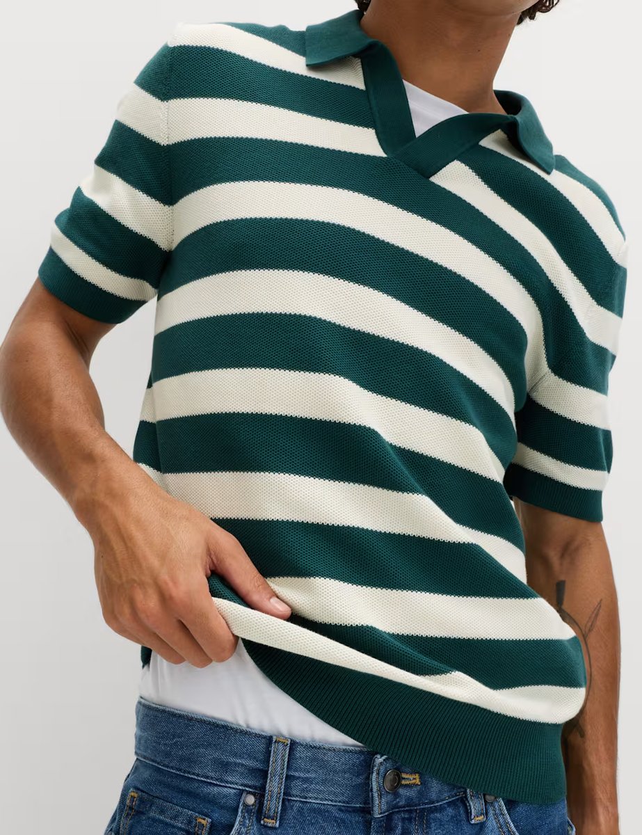 Marks & Spencer M&S Pure Cotton Striped Knitted Polo Shirt Green Mix - 3